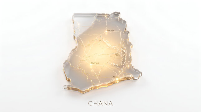 3d glass ghana map with glowing golden details on white background
