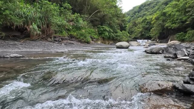 Fast flowing river rushing over rocks in a lush green tropical forest, 4K b-roll