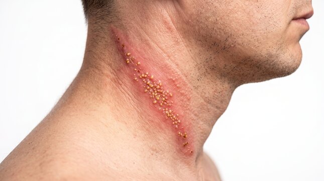 Close-up of painful herpes zoster shingles rash with blisters on man's neck