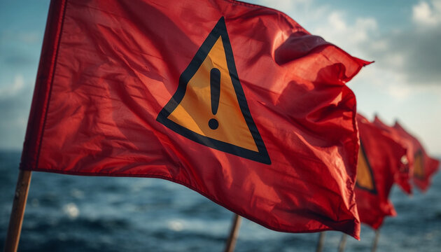 Red warning flags fluttering in the wind with an exclamation mark symbol, representing beach danger and safety alerts