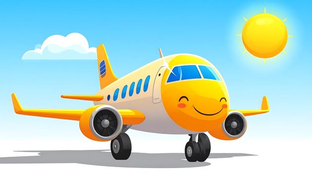 Cartoon airplane towing bright yellow car on road.