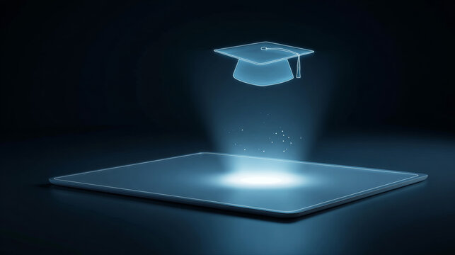 Holographic projection of a blue graduation cap glowing above a digital tablet