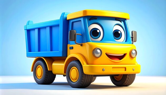 Bright yellow dump truck on blue background.
