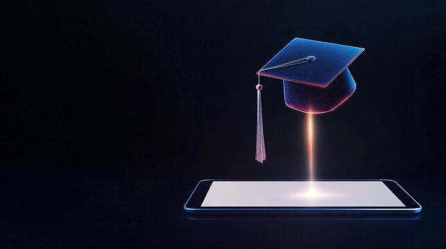 Online education concept with a tablet projecting a graduation cap