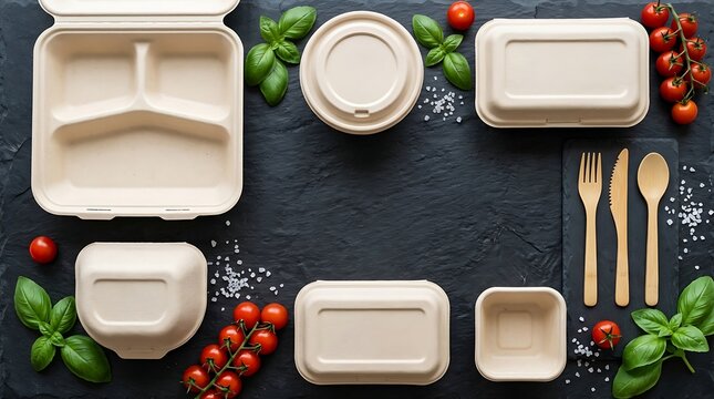 Eco-friendly biodegradable food containers with fresh vegetables on dark background.
