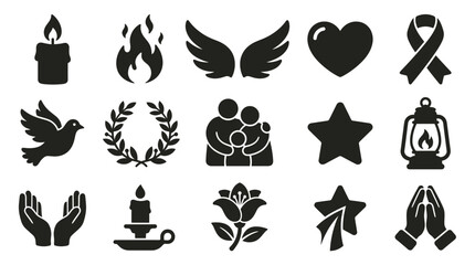 Fototapeta premium Collection of black silhouette icons representing symbols of remembrance, grief, and hope.