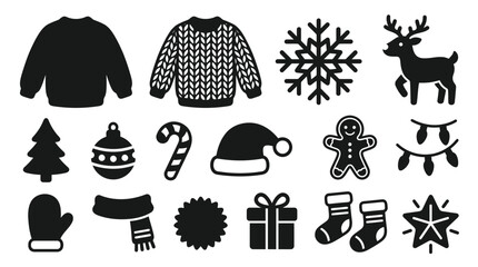 Naklejka premium Collection of Christmas icons and symbols, including sweaters, snowflakes, and festive decorations.