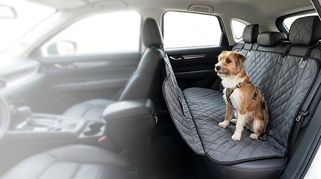 Small scruffy dog sitting on a protective car seat cover