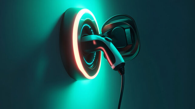 Close-up of electric vehicle charging plug under glowing neon lights