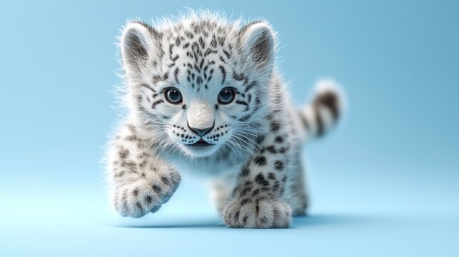 Adorable snow leopard cub crawls forward, blue background, wildlife poster