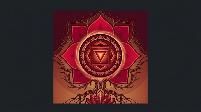 Glowing red root chakra muladhara symbol with lotus and roots