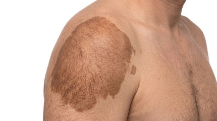 Naklejka premium Large hyperpigmented birthmark or nevus on male shoulder skin close-up