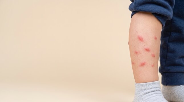 Red insect bite marks and rash on child lower leg with copy space