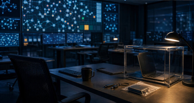 Cyber incident response room with isolated computer and digital evidence