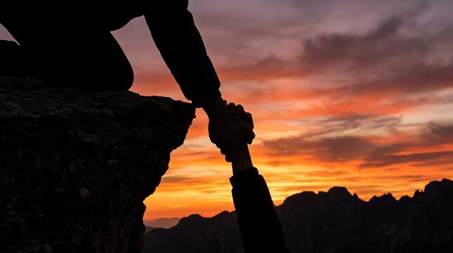 Silhouette of two people holding hands helping each other climb a mountain at sunset with dramatic sky