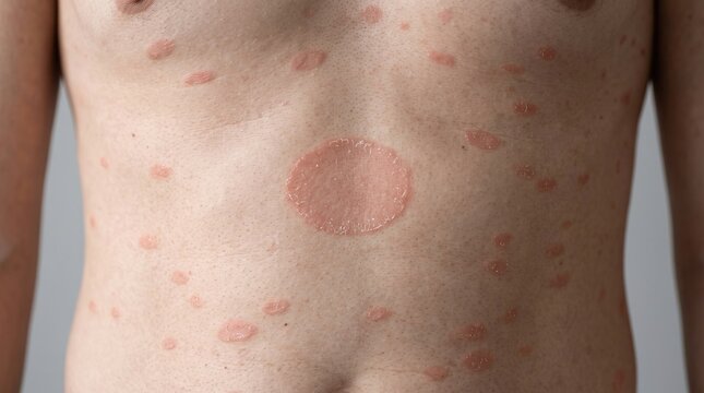 Close-up of pityriasis rosea rash with herald patch on male abdomen torso