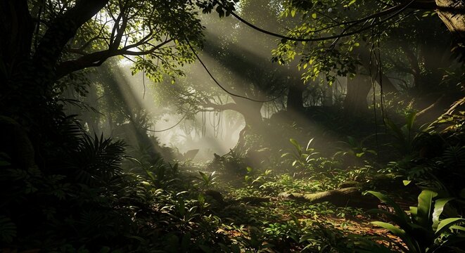 Sunlit forest canopy scene