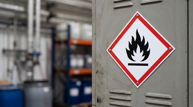 Diamond shaped warning sign displaying flammable material symbol for industrial safety and hazardous substance awareness