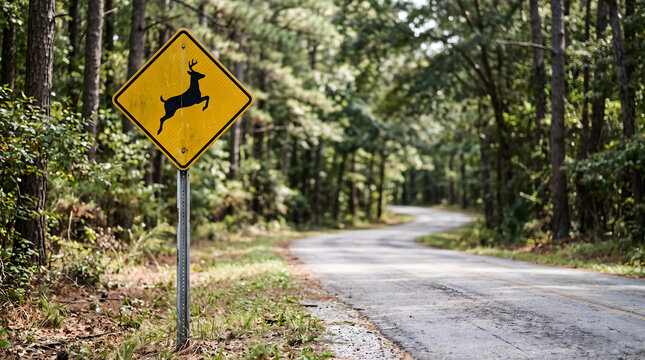 Yellow wildlife crossing road sign featuring deer silhouette for transportation safety and nature awareness