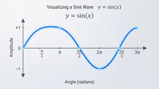 Mathematical sine wave graph function diagram with axis arrows and pi radians