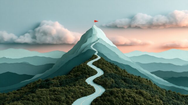 Layered paper cut landscape of a tall mountain with a winding path to the summit on a clean minimal background with space for text
