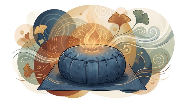 Meditation cushion with glowing energy and ginkgo leaf patterns