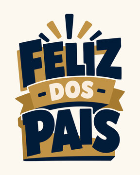Feliz Dia dos Pais Azul Marinho e Dourado com Faixa Decorativa em Lettering Vetorial