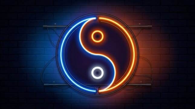 Yin yang neon sign glowing on a dark brick wall