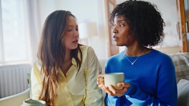 Diverse women serious conversation sofa. Friends drinking coffee talking home.