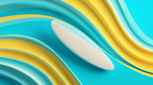 3D render of summer surfboard with blue and yellow waves background