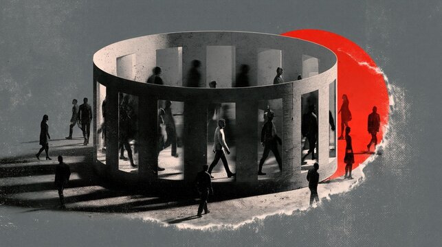 Mixed media collage of a pastel zoetrope drum turning through repeating frames on a clean minimal background with space for text