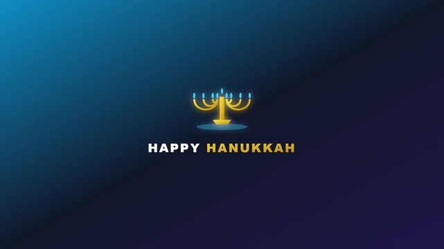 Animated happy hanukkah greeting with glowing menorah on blue