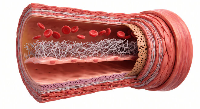 Cross section of blood vessel showing inner endothelial layer glycocalyx mesh and red blood cells