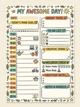 Whimsical daily schedule and productivity planner with cute doodles