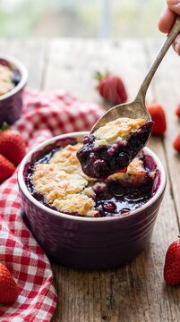 Spoon scooping a portion of warm blueberry cobbler from a ceramic ramekin with strawberries around.