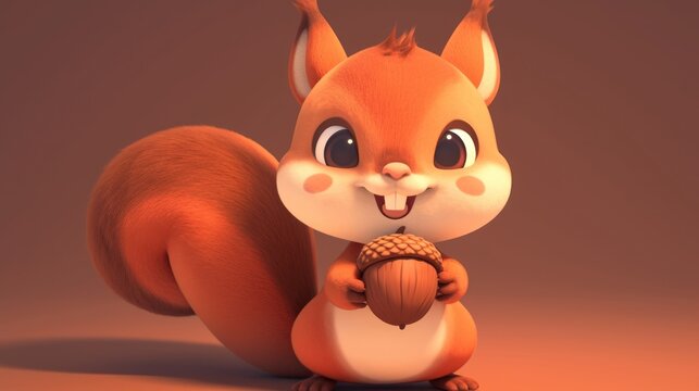 Cute cartoon squirrel holding acorn, autumn background, children's book illustration