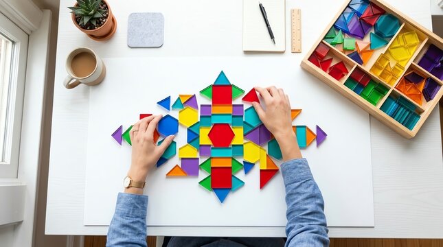Hands arranging colorful translucent geometric shapes into a complex mandala pattern on a clean white studio workspace