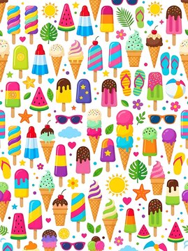 Colorful summer ice cream and vacation icons seamless pattern