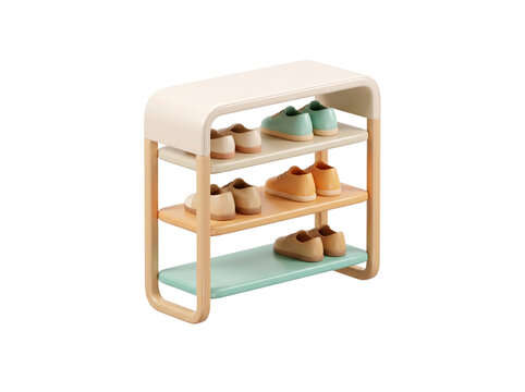 3d render of a wooden shoe shelf with shoes