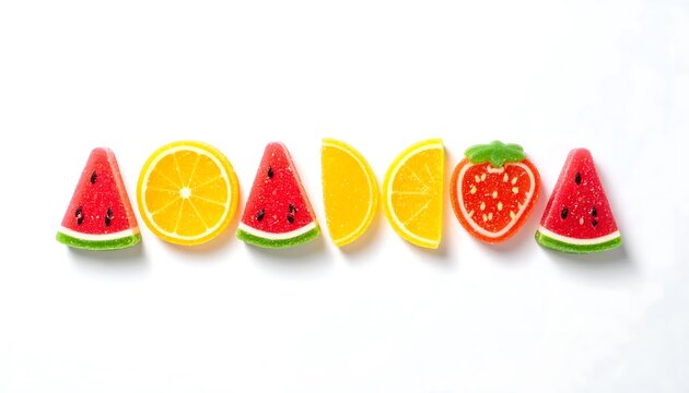 Colorful stacked fruit slices on white background.
