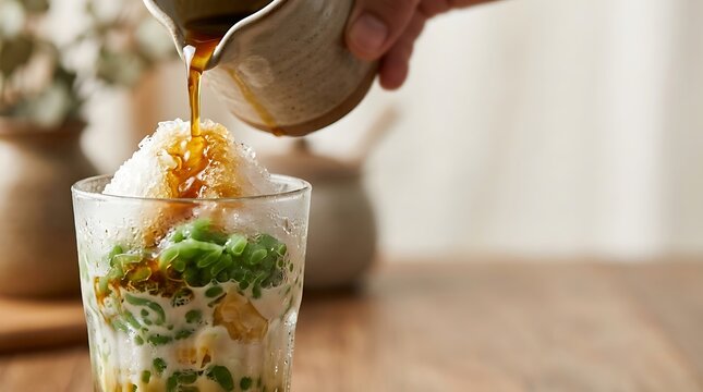 Pouring palm sugar syrup over a fresh glass of iced cendol dessert