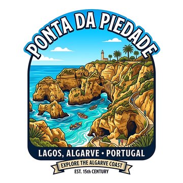 Colorful graphic of cliffs and lighthouse at algarve coast portugal