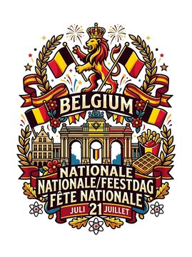 Belgian national day celebration crest with lion and flags