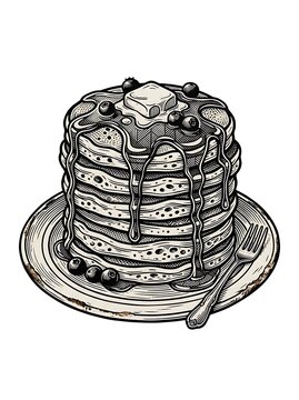 Engraved stack of pancakes with syrup and blueberries