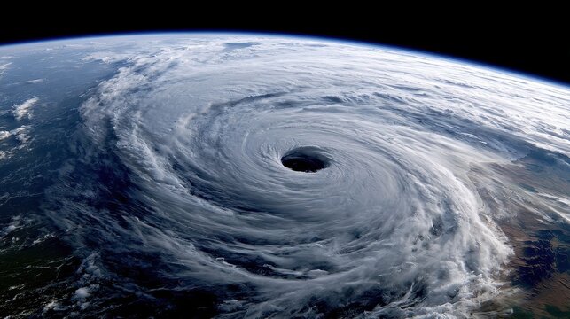 Massive cyclone with a defined eye swirls over the deep blue ocean as seen from orbit