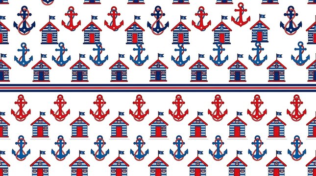 Nautical pattern with anchors and beach huts in red and blue