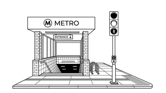 A black and white line art illustration of a city metro station entrance.