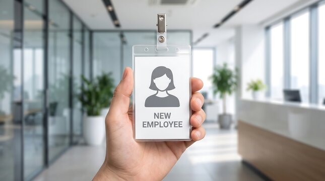 New employee ID badge in hand modern office background