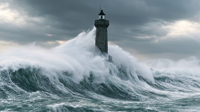 Lighthouse stormy waves dramatic coastline