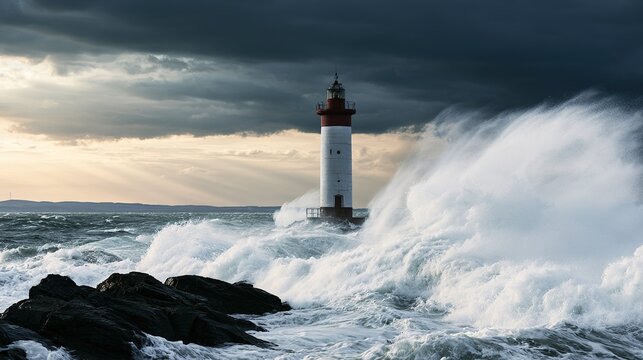 Lighthouse stormy waves dramatic coastline